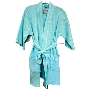 Vintage Cypress 100% Turkish Cotton Waffle Knit Short Robe Pockets Size M Aqua